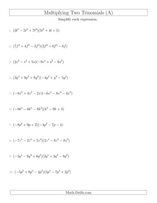 The Multiplying Two Trinomials (A) Math Worksheet