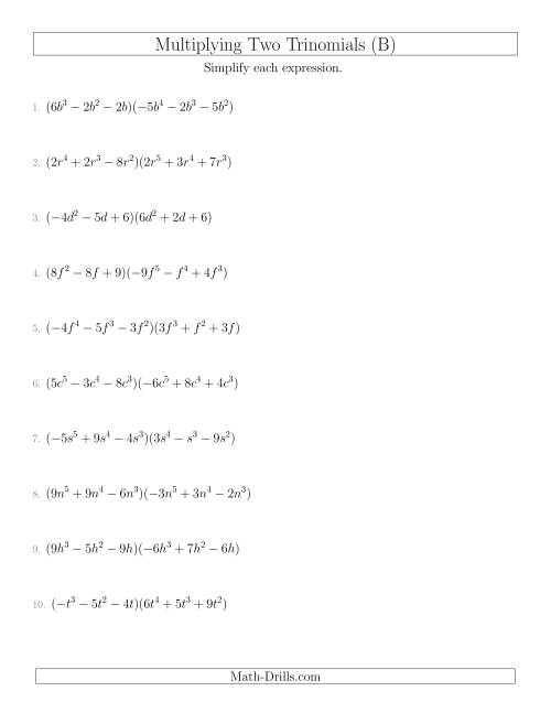 The Multiplying Two Trinomials (B) Math Worksheet