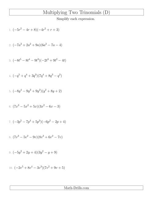 The Multiplying Two Trinomials (D) Math Worksheet