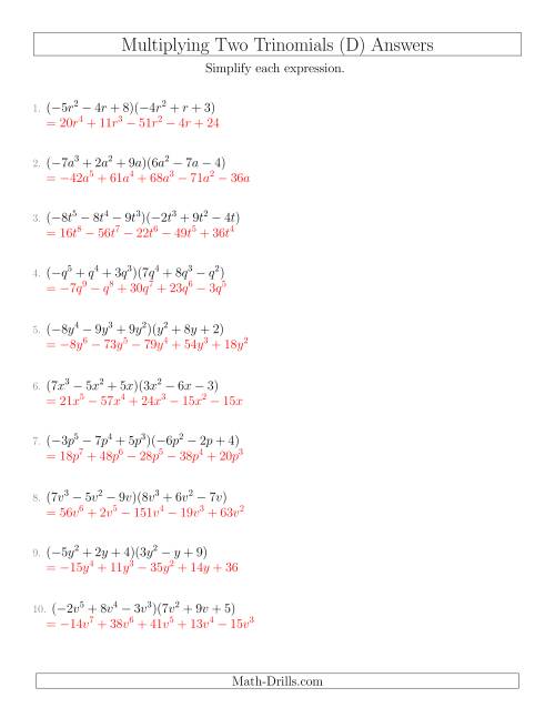 The Multiplying Two Trinomials (D) Math Worksheet Page 2