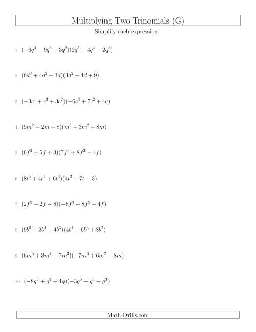 The Multiplying Two Trinomials (G) Math Worksheet