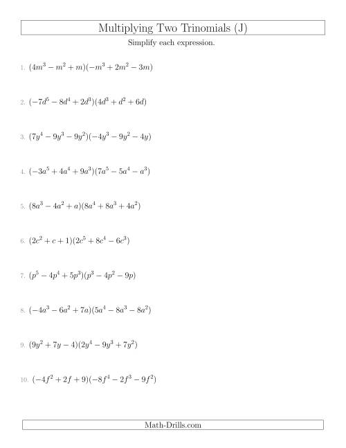 The Multiplying Two Trinomials (J) Math Worksheet