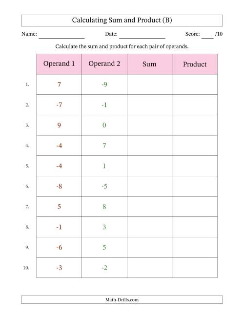 The Calculating Sum and Product (Operand Range -9 to 9) (B) Math Worksheet