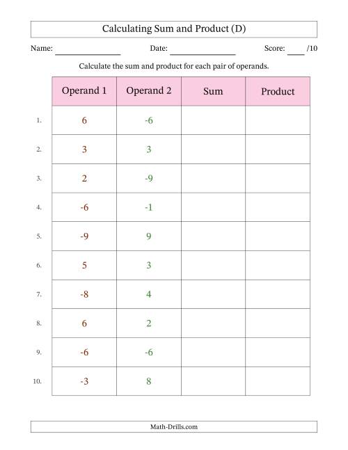 The Calculating Sum and Product (Operand Range -9 to 9) (D) Math Worksheet