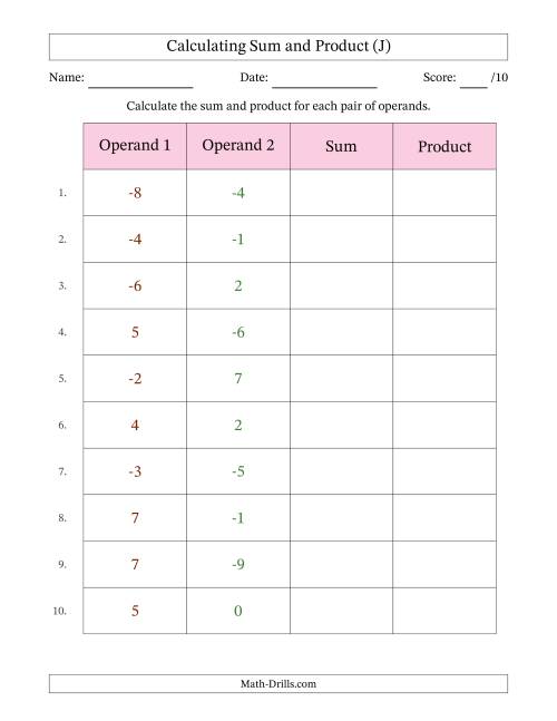 The Calculating Sum and Product (Operand Range -9 to 9) (J) Math Worksheet