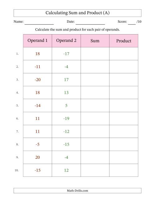 The Calculating Sum and Product (Operand Range -20 to 20) (A) Math Worksheet