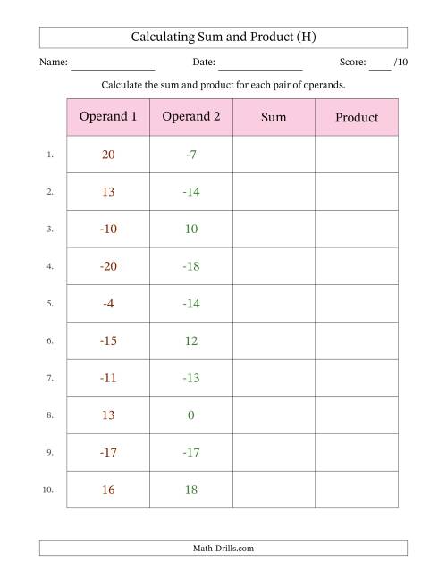 The Calculating Sum and Product (Operand Range -20 to 20) (H) Math Worksheet