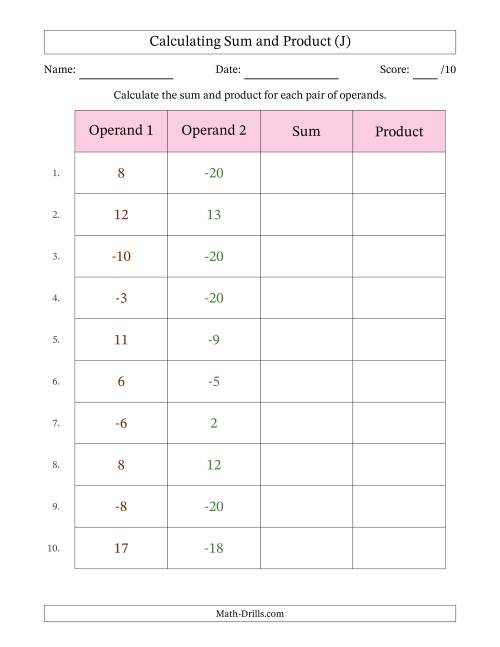 The Calculating Sum and Product (Operand Range -20 to 20) (J) Math Worksheet
