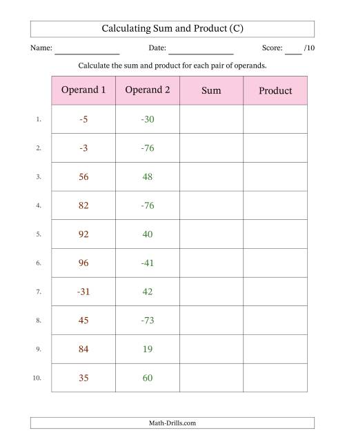 The Calculating Sum and Product (Operand Range -99 to 99) (C) Math Worksheet