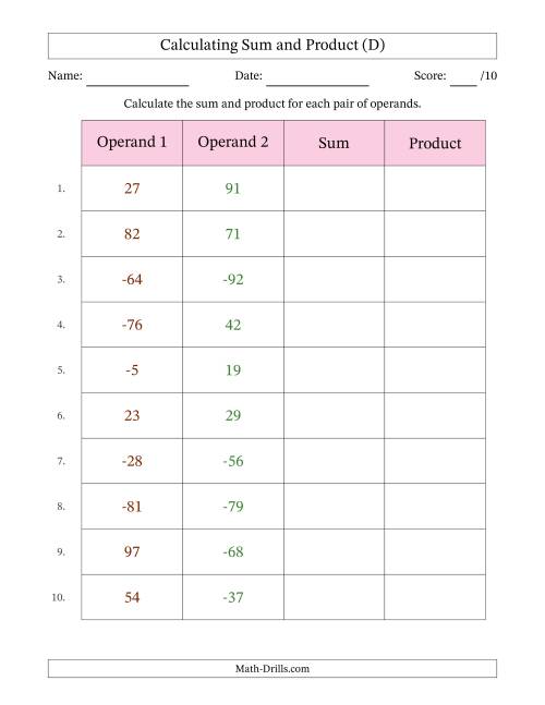 The Calculating Sum and Product (Operand Range -99 to 99) (D) Math Worksheet