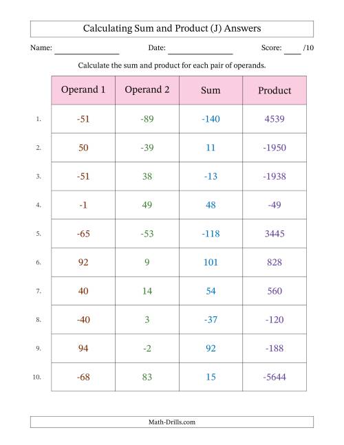 The Calculating Sum and Product (Operand Range -99 to 99) (J) Math Worksheet Page 2