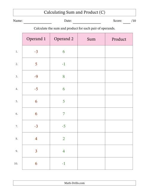 The Calculating Sum and Product (Operand Range 1 to 9 Including Negatives) (C) Math Worksheet