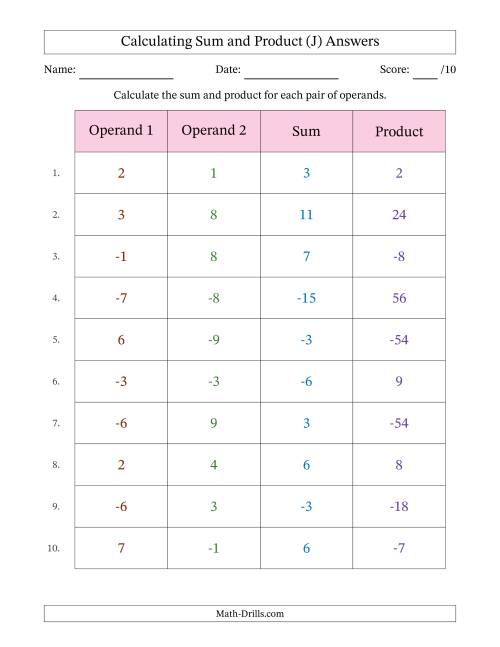 The Calculating Sum and Product (Operand Range 1 to 9 Including Negatives) (J) Math Worksheet Page 2