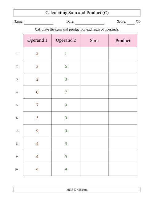 The Calculating Sum and Product (Operand Range 0 to 9) (C) Math Worksheet