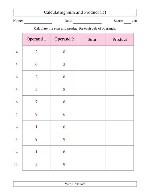 The Calculating Sum and Product (Operand Range 0 to 9) (D) Math Worksheet