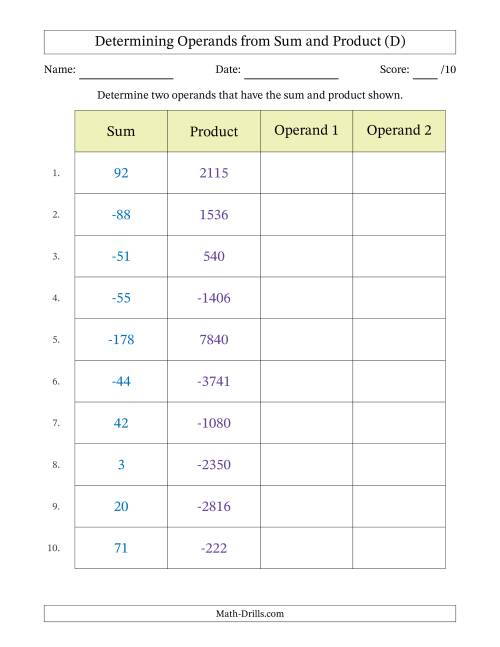 The Determining Operands of Sum and Product Pairs (Operand Range -99 to 99) (D) Math Worksheet