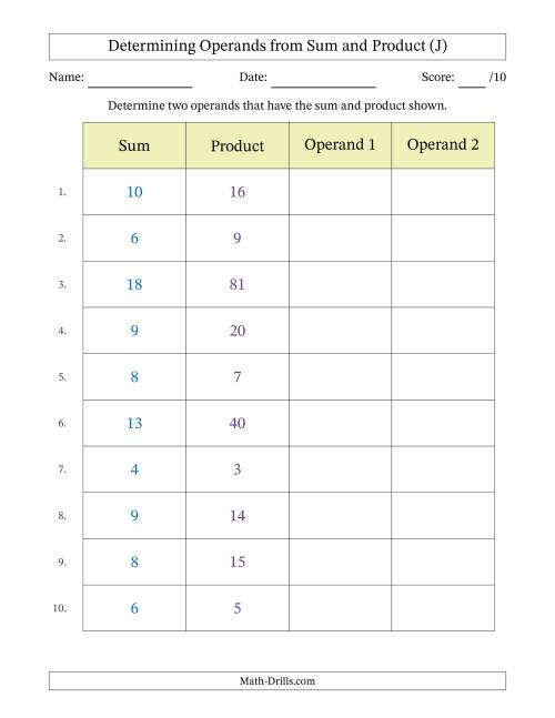 The Determining Operands of Sum and Product Pairs (Operand Range 0 to 9) (J) Math Worksheet