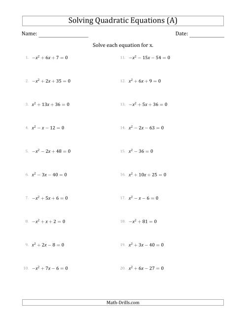 The Solving Quadratic Equations with Positive or Negative 'a' Coefficients of 1 (A) Math Worksheet