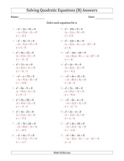 The Solving Quadratic Equations with Positive or Negative 'a' Coefficients of 1 (B) Math Worksheet Page 2