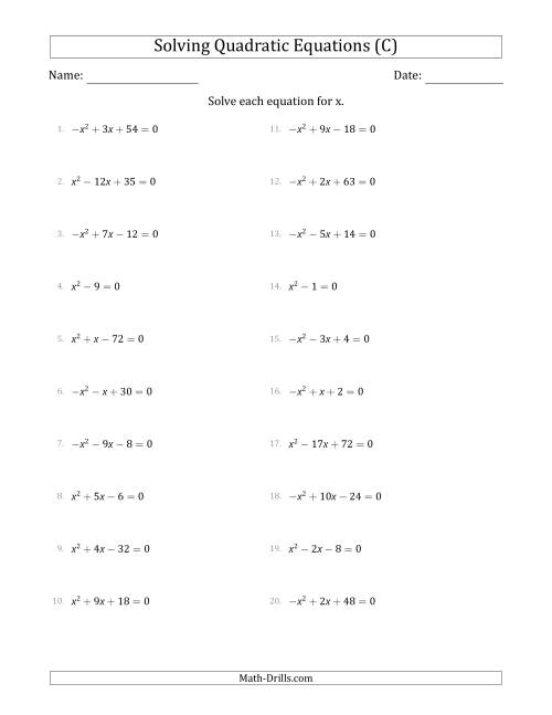 The Solving Quadratic Equations with Positive or Negative 'a' Coefficients of 1 (C) Math Worksheet