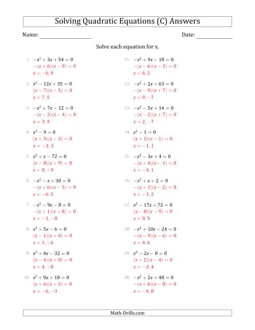 The Solving Quadratic Equations with Positive or Negative 'a' Coefficients of 1 (C) Math Worksheet Page 2