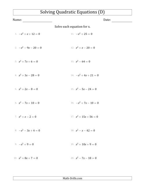 The Solving Quadratic Equations with Positive or Negative 'a' Coefficients of 1 (D) Math Worksheet