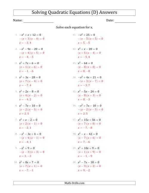 The Solving Quadratic Equations with Positive or Negative 'a' Coefficients of 1 (D) Math Worksheet Page 2