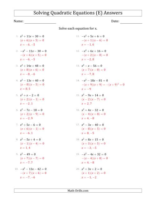 The Solving Quadratic Equations with Positive or Negative 'a' Coefficients of 1 (E) Math Worksheet Page 2