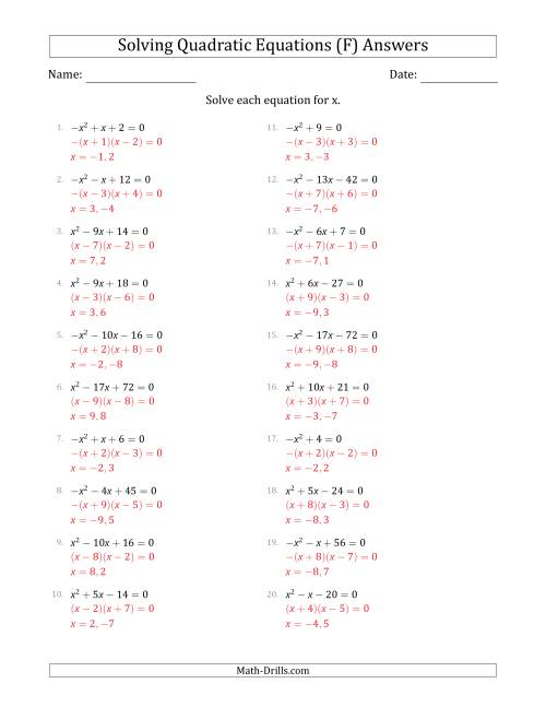 The Solving Quadratic Equations with Positive or Negative 'a' Coefficients of 1 (F) Math Worksheet Page 2