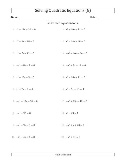 The Solving Quadratic Equations with Positive or Negative 'a' Coefficients of 1 (G) Math Worksheet