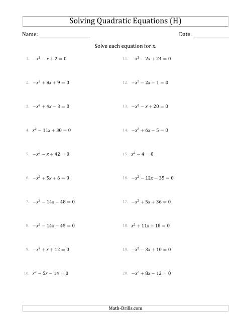 The Solving Quadratic Equations with Positive or Negative 'a' Coefficients of 1 (H) Math Worksheet
