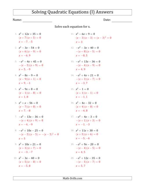 The Solving Quadratic Equations with Positive or Negative 'a' Coefficients of 1 (I) Math Worksheet Page 2