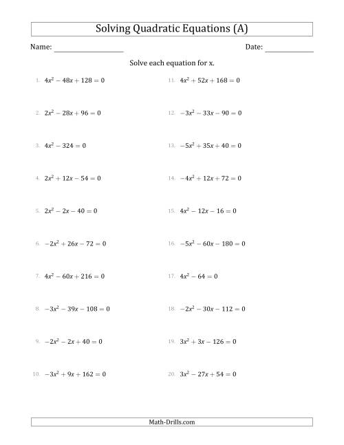 The Solving Quadratic Equations with Positive or Negative 'a' Coefficients of 1 with a Common Factor Step (A) Math Worksheet