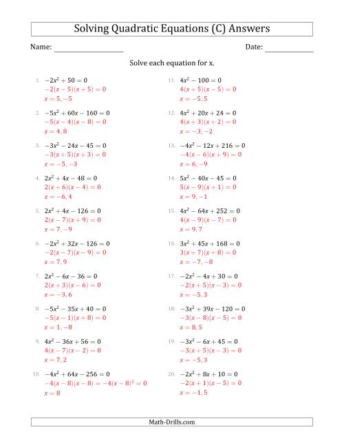 The Solving Quadratic Equations with Positive or Negative 'a' Coefficients of 1 with a Common Factor Step (C) Math Worksheet Page 2