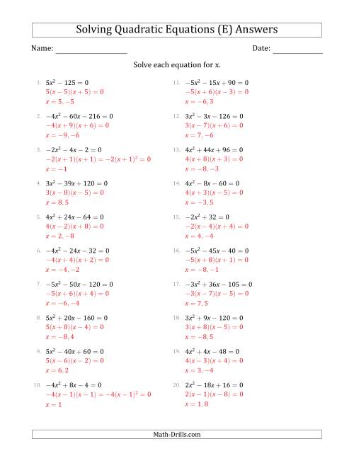 The Solving Quadratic Equations with Positive or Negative 'a' Coefficients of 1 with a Common Factor Step (E) Math Worksheet Page 2