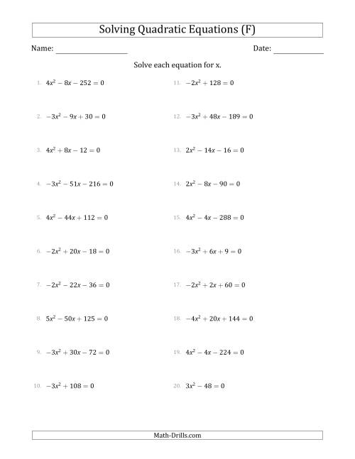 The Solving Quadratic Equations with Positive or Negative 'a' Coefficients of 1 with a Common Factor Step (F) Math Worksheet