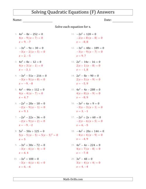 The Solving Quadratic Equations with Positive or Negative 'a' Coefficients of 1 with a Common Factor Step (F) Math Worksheet Page 2