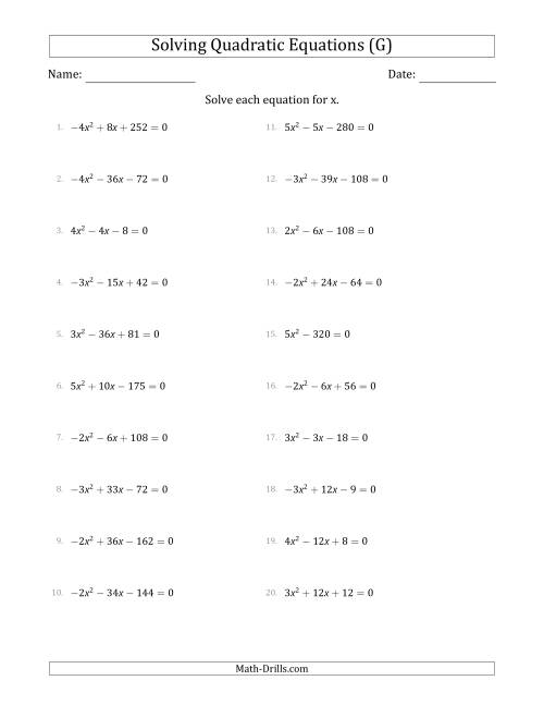 The Solving Quadratic Equations with Positive or Negative 'a' Coefficients of 1 with a Common Factor Step (G) Math Worksheet