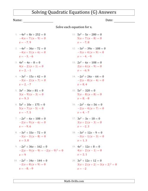 The Solving Quadratic Equations with Positive or Negative 'a' Coefficients of 1 with a Common Factor Step (G) Math Worksheet Page 2