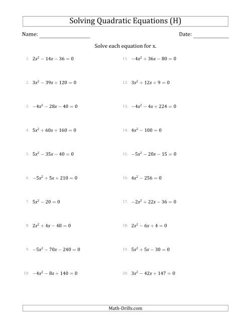 The Solving Quadratic Equations with Positive or Negative 'a' Coefficients of 1 with a Common Factor Step (H) Math Worksheet