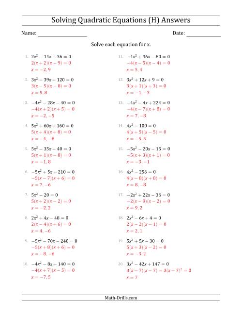The Solving Quadratic Equations with Positive or Negative 'a' Coefficients of 1 with a Common Factor Step (H) Math Worksheet Page 2