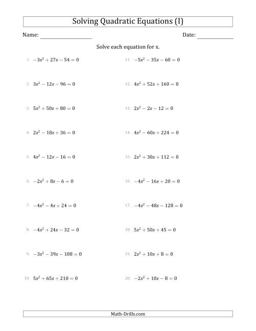 The Solving Quadratic Equations with Positive or Negative 'a' Coefficients of 1 with a Common Factor Step (I) Math Worksheet