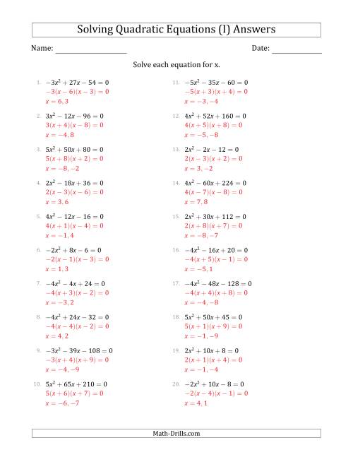 The Solving Quadratic Equations with Positive or Negative 'a' Coefficients of 1 with a Common Factor Step (I) Math Worksheet Page 2