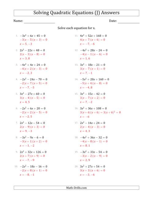 The Solving Quadratic Equations with Positive or Negative 'a' Coefficients of 1 with a Common Factor Step (J) Math Worksheet Page 2