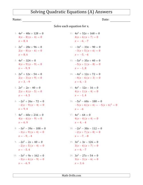 The Solving Quadratic Equations with Positive or Negative 'a' Coefficients of 1 with a Common Factor Step (All) Math Worksheet Page 2