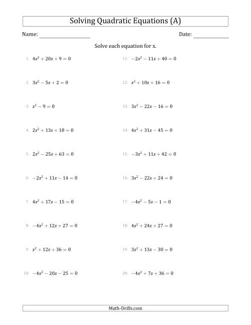 The Solving Quadratic Equations with Positive or Negative 'a' Coefficients up to 4 (A) Math Worksheet