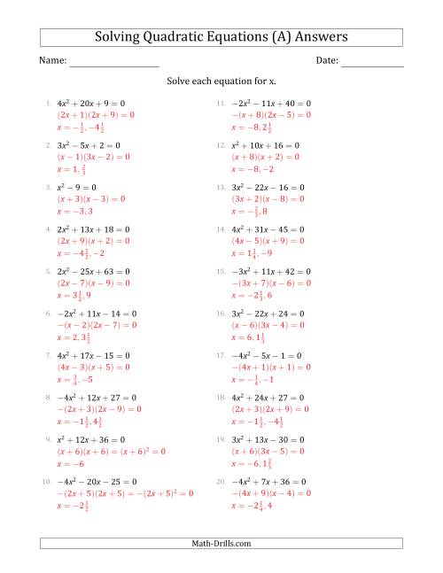 The Solving Quadratic Equations with Positive or Negative 'a' Coefficients up to 4 (A) Math Worksheet Page 2