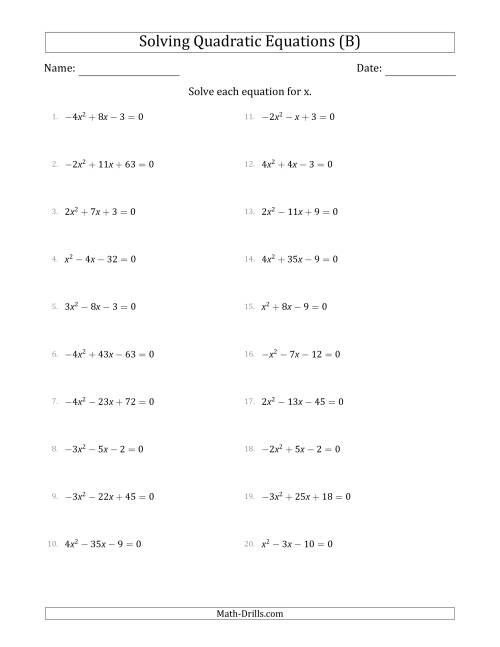 The Solving Quadratic Equations with Positive or Negative 'a' Coefficients up to 4 (B) Math Worksheet
