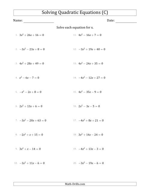 The Solving Quadratic Equations with Positive or Negative 'a' Coefficients up to 4 (C) Math Worksheet