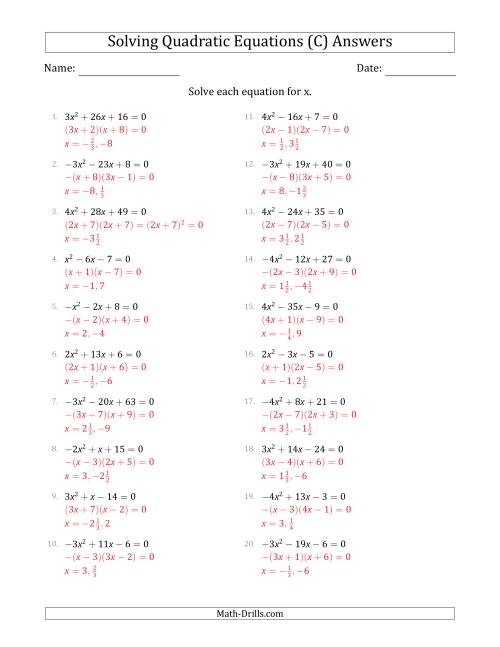 The Solving Quadratic Equations with Positive or Negative 'a' Coefficients up to 4 (C) Math Worksheet Page 2